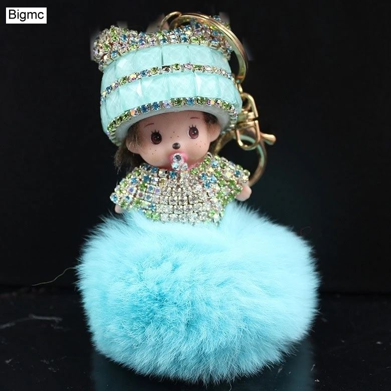 

Monchichi Keychain Fur Pom Pom Key chain Full Crystal Monchichi Dolls pompom Key chain Woman Bag Car Charm Pendant K1602