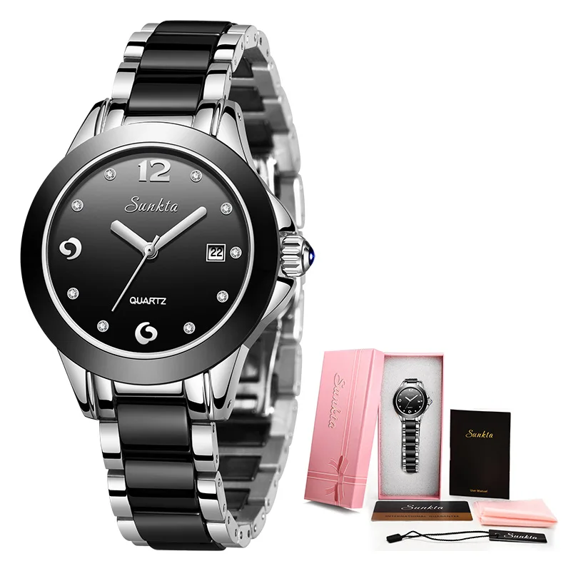 SUNKTA новые часы из розового золота Женские кварцевые часы женские топ брендовые Роскошные женские наручные часы девушка часы подарок жены женские часы - Цвет: Silver Black
