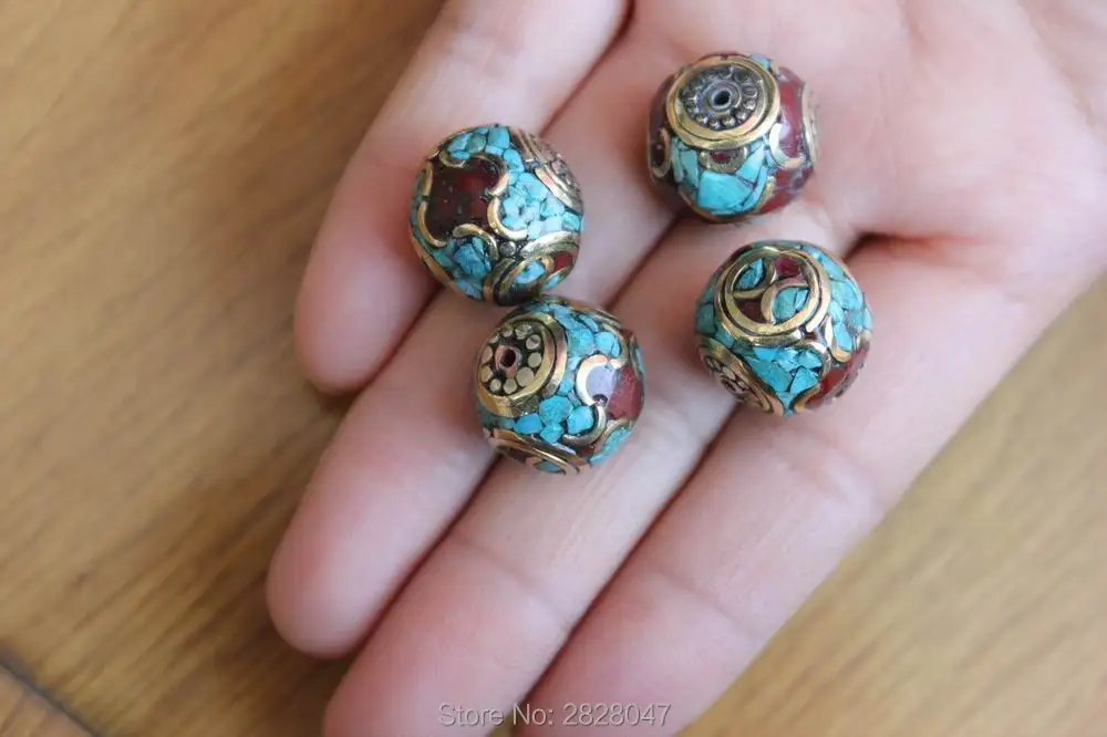 

BD151 Nepal Handmade Brass Inlaid Stone Loose Beads Ethnic Tibetan 16*15mm Vintage Flower Round Beads Pendant 4 Beads Lot