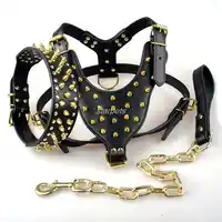 Cool Spiked Studded Leather Dog Harness Rivets Collar and Leash Set For Medium Large Dogs Pitbull Bulldog Bull Terrier 26"-34"