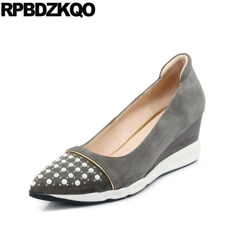 

wedge black stud designer women luxury shoes pumps genuine leather pointed toe suede casual pearl gray rivet high heels china