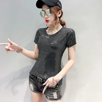 

summer The New women T shirt bright silk round neck fashionT-shirt casual women gold short-sleeved Slim female Sexy tops tee