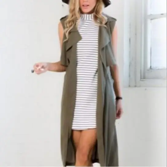 

Women Lapel Sleeveless Pockets Vest Long Jacket Lolita Office Elegant Jackets Vests Sleeveless Army Green Outerwear AF173