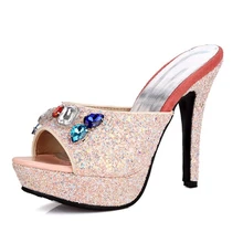DoraTasia 2017 Big Small Size 33-43 Bling Glitter PU Super High Heel Shoes Women Open Peep Toe Colorful Crystal Slides Sandals