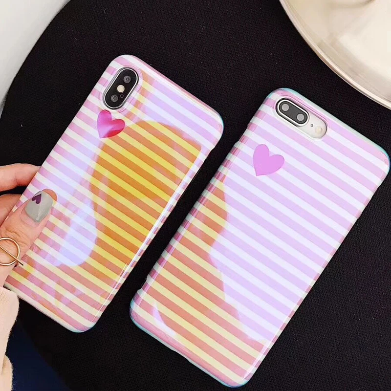 

LOVECOM Blu-Ray Phone Cases For iPhone 6S 6 7 8 Plus X XS Cool Stripe Heart Soft IMD Couples Phone Back Cover Cases Coque Gifts
