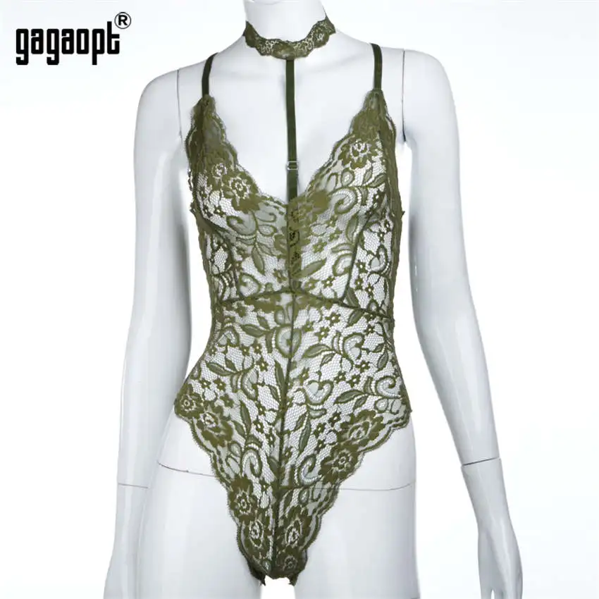 Gagaopt Classic Lace Bodysuit Women Perspective Hollow Out with Choker Bodysuit Romper Jumpsuit Sexy Bodysuit satin bodysuit Bodysuits