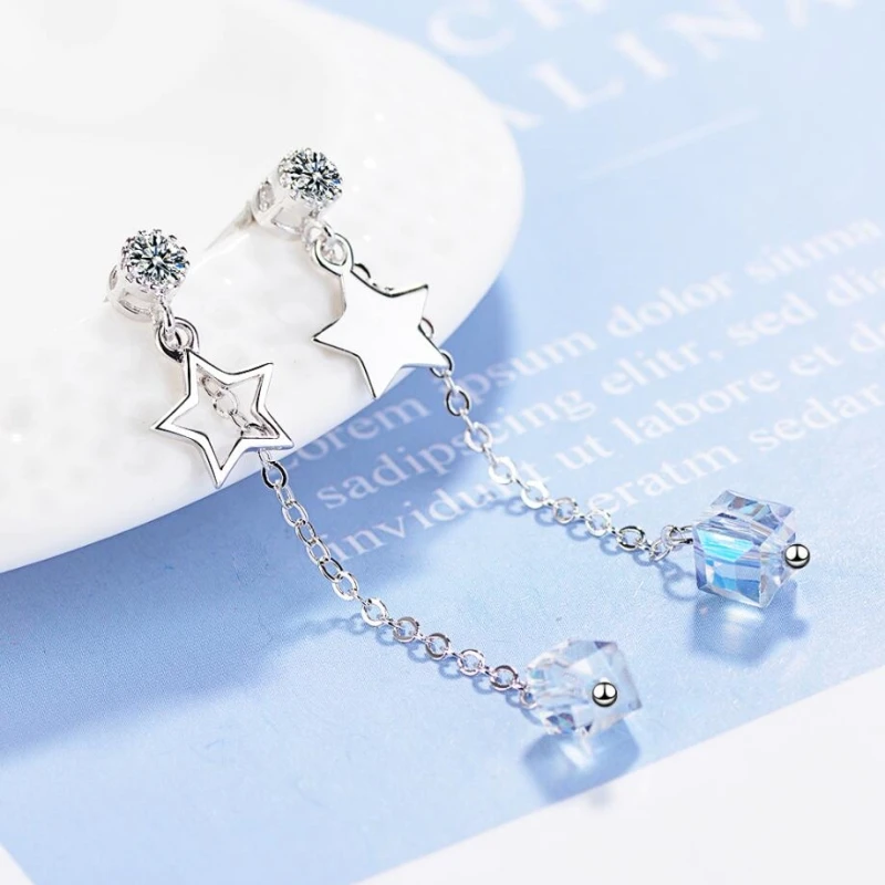 

Tassel Long Aurora Sugar Cube Stars Square 925 Sterling Silver Temperament Personality Fashion Female Dangle Earrings SEA379