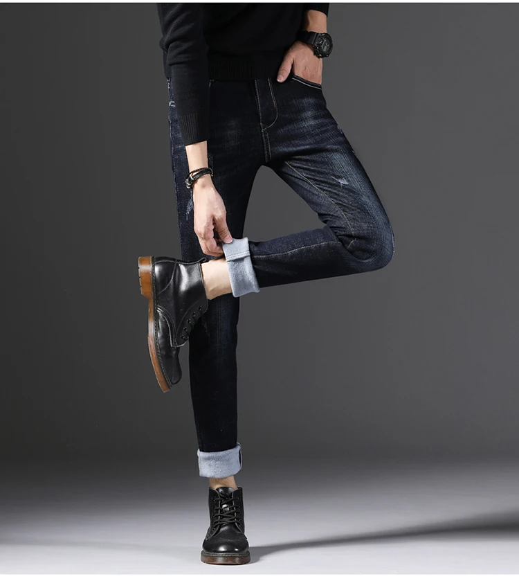 Высококачественные мужские зимние черные джинсы с шерстяной подкладкой, толстые теплые джинсы, новые мужские эластичные флисовые зимние джинсы, размер 38