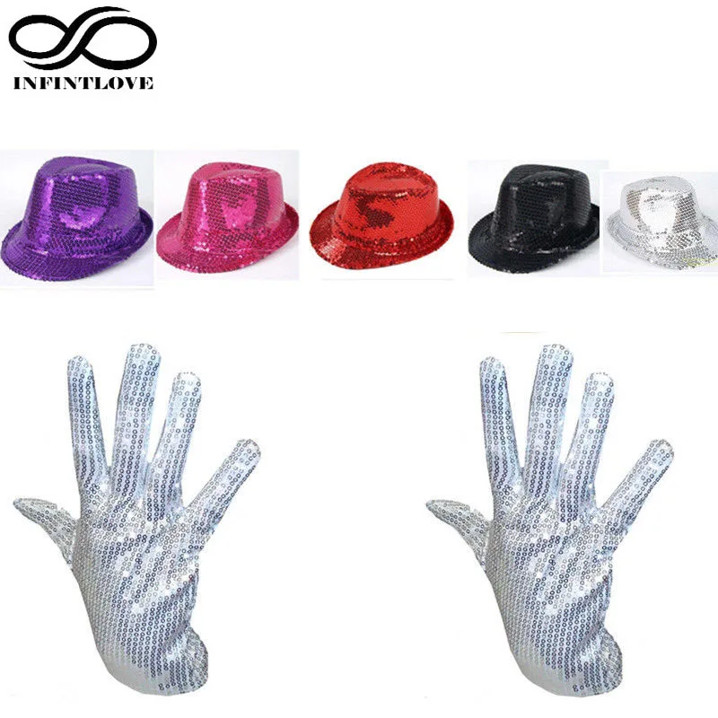

1Pair Men Women Michael Jackson Silver Sequin Glove + 1pcs Capone Party Trilby Dance Adults Party Prop Hat Set (One Size:58cm)