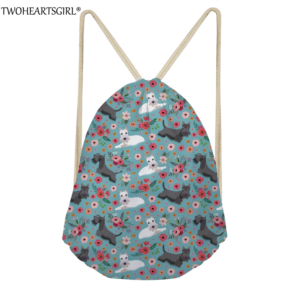 TWOHEARTSGIRL Portable Scottish Terrier Prints Drawstring Bags Women
