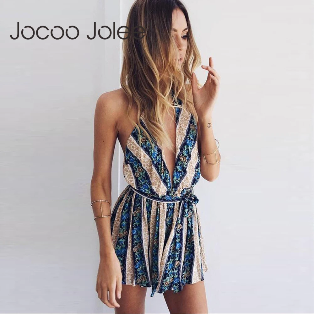 Женский комбинезон с принтом Jocoo Jolee летний короткий глубоким v образным вырезом