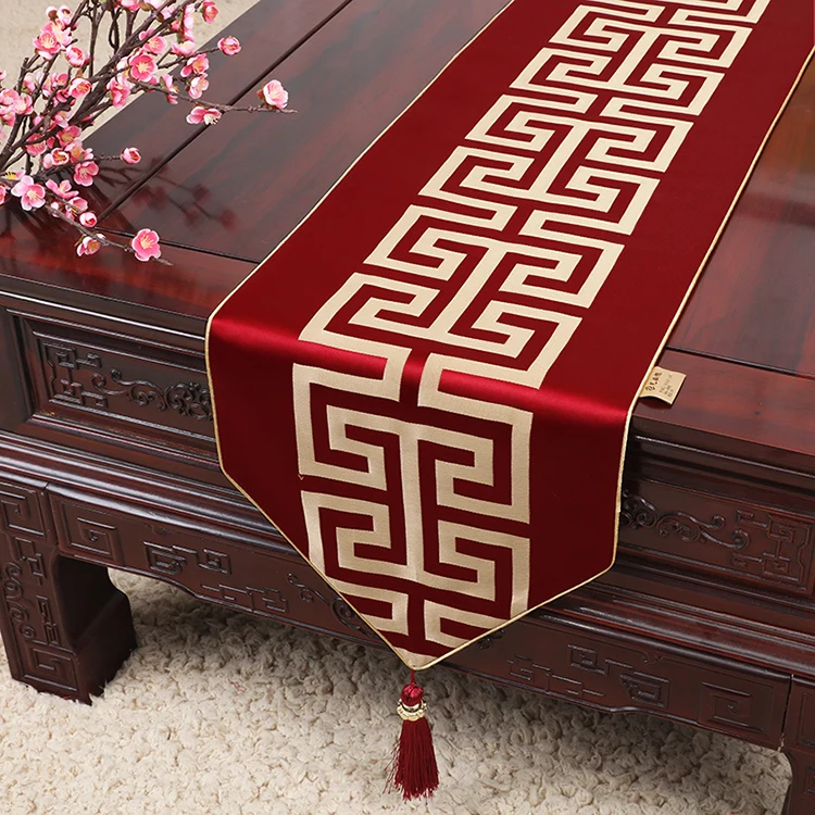 

Luxury Jacquard Geometric Chinese Silk Table Runner Christmas Wedding Table Mat Decoration Dinner Party Coffee Table Cloth