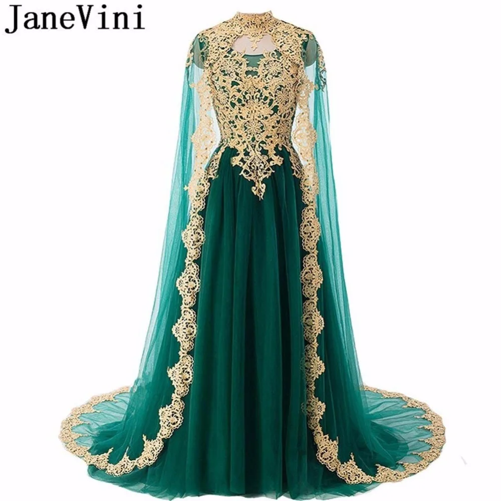 

JaneVini Saudi Arabia Dark Green Long Formal Prom Dress With Cape Gold Lace Arabic Sequin Burgundy Bridesmaid Dresses High Neck