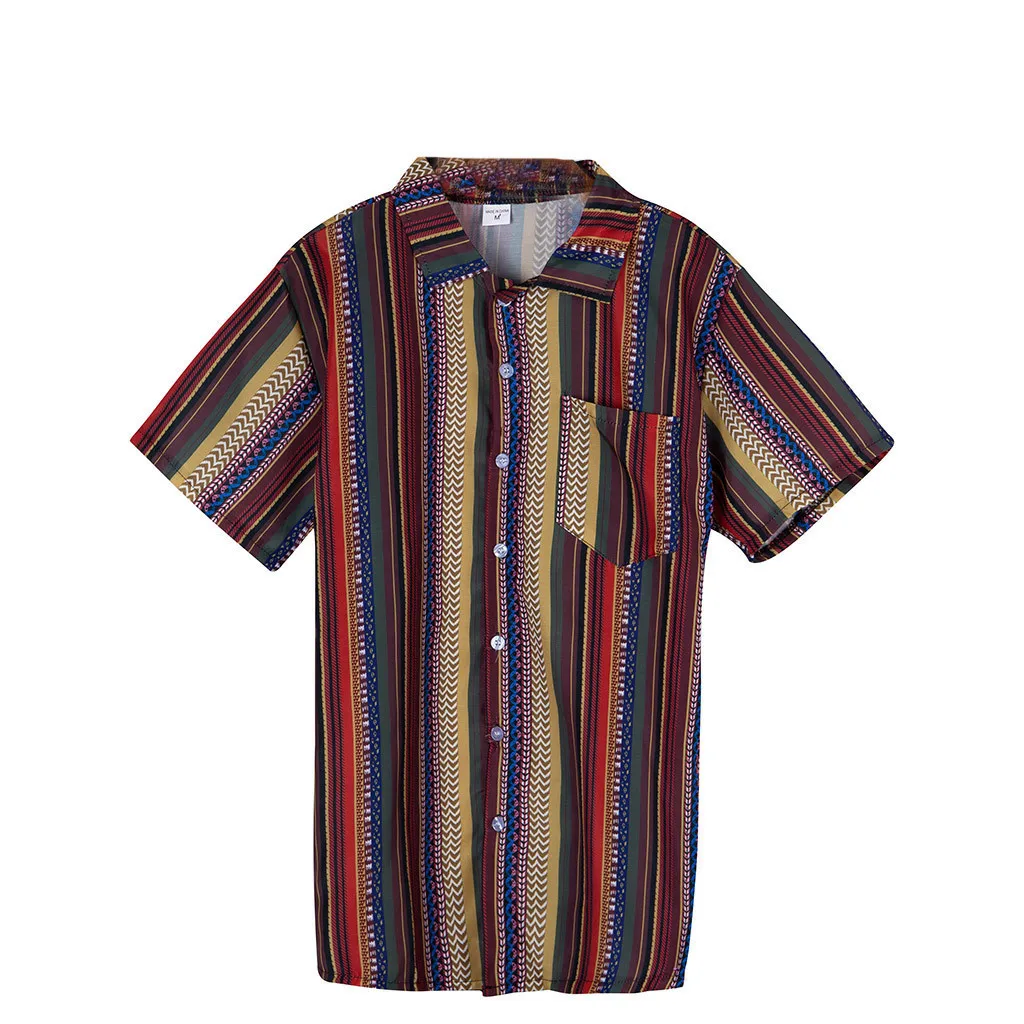 Womail الأزياء قمصان صيفية رجل العرقية المطبوعة موقف طوق الملونة مخطط قصيرة الأكمام فضفاضة هينلي قميص 2019 الوافدين الجدد