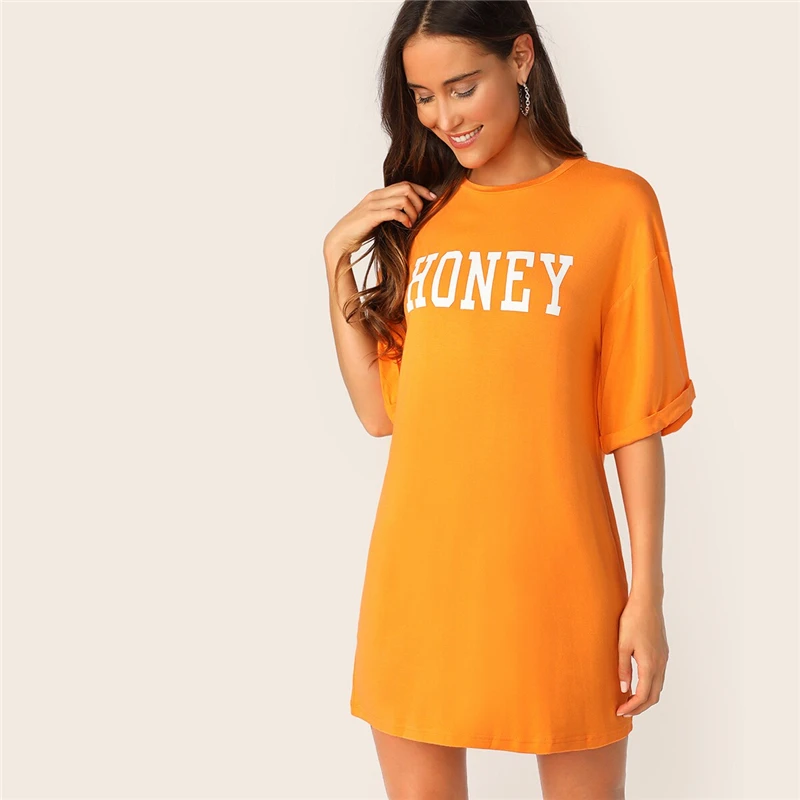 SweatyRocks неоновое оранжевое платье-футболка с буквенным принтом для женщин летняя уличная одежда с коротким рукавом платья повседневные платья