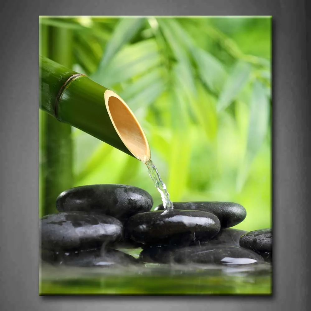 

1 Pic Framed Wall Art Picture Spa Bamboo Fountain Zen Stone Canvas Print Botanical Posters With Wooden Frames For Decor