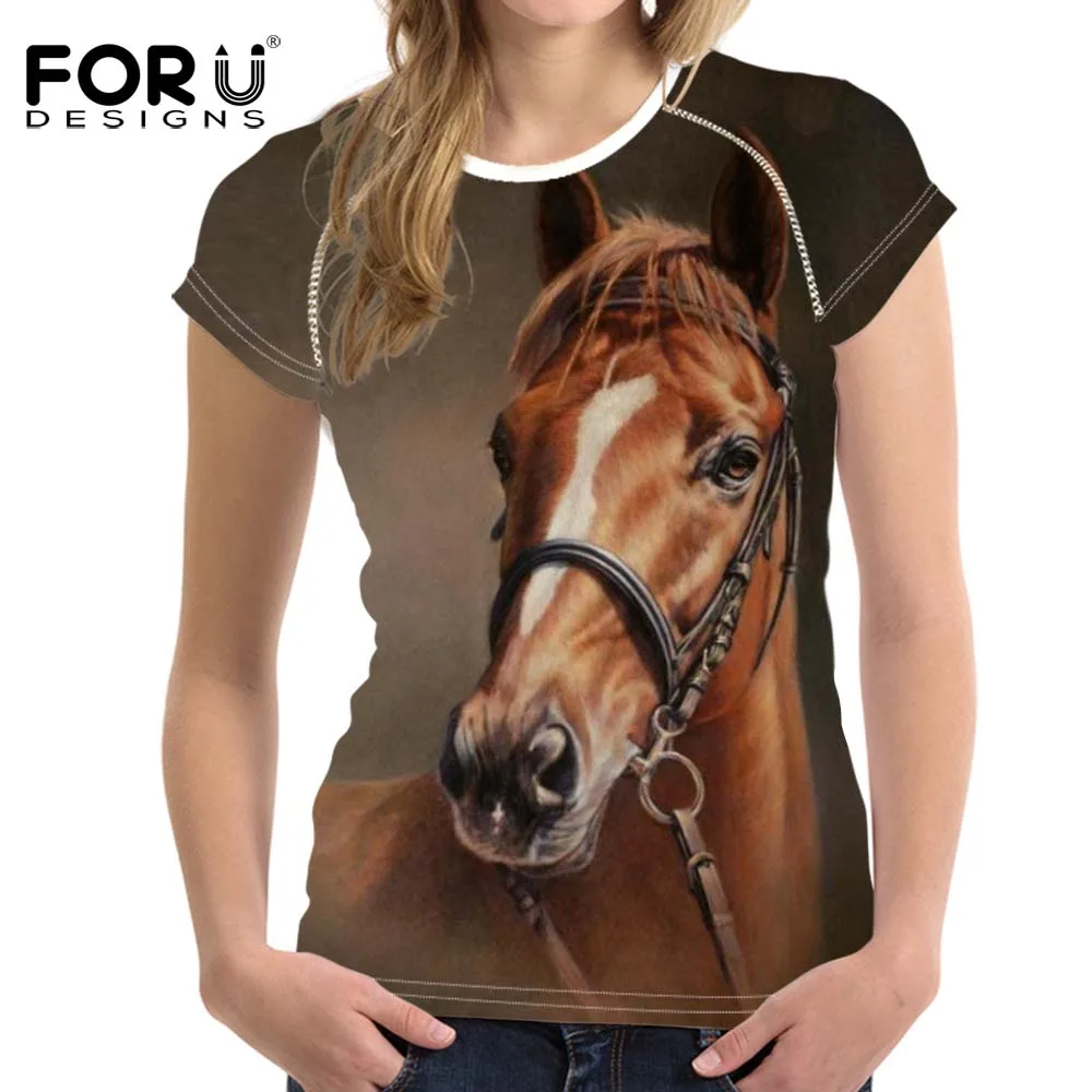 FORUDESIGNS Dámské tričko s dlouhým rukávem 3D tričko Crazy Horse Summer Krátké rukávy pro ženy Slim Bodybuilding Feminine Clothes