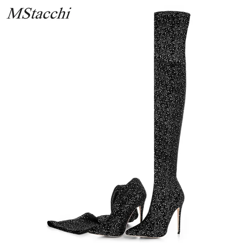 Mcacchi/роскошные женские сапоги из эластичной ткани; блестящие сапоги на высоком каблуке с блестками; эластичные сапоги-носки; женские сапоги с острым носком