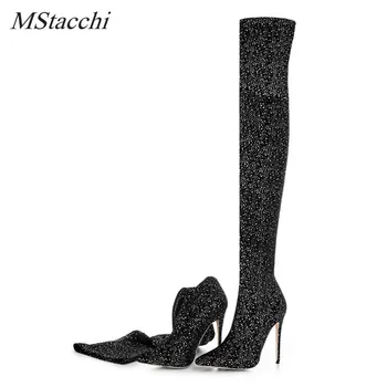 

Mstacchi Women Luxury Stretch Fabric Boots Bling Bling Sequin Glitter High Heel Knit Elastic Sock Boots Pointed Toe Women Boots