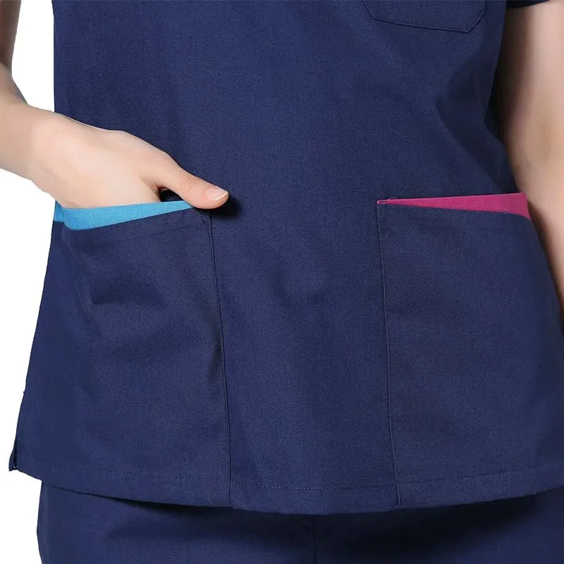 [TOP] Men's Fashion Short Sleeve Scrubs Tops V Neck  Contrasting Color Design Nursing Uniforms