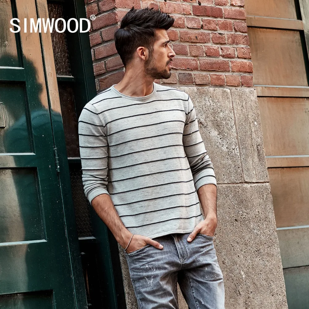 SIMWOOD 2019 Spring New Slim Fit Striped Sweater Men 100% Cotton Embroidery Thin Knitted Pullovers Curl Hem Plus Size MT017017