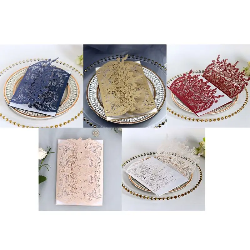  50pcs Wedding Invitation Card with ribbon Laser Cut Floral Glittering Engagement Baptism Invitation - 33040825919