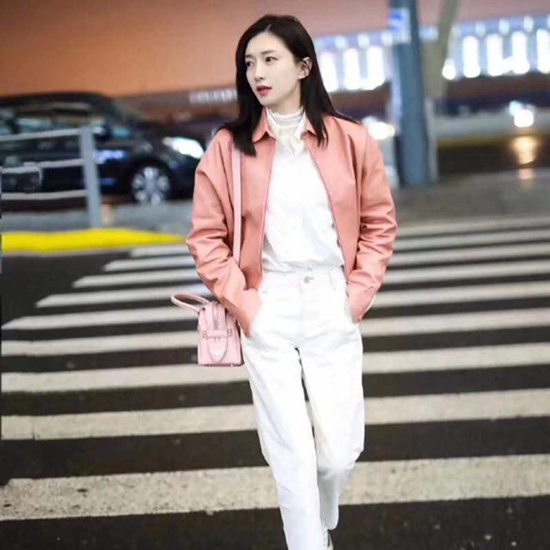 

Woman Coats 2019 Winter Fashion Sheepskin Leather Coat Female Jacket Windbreaker Genuine Patent Leather Overcoat Pink