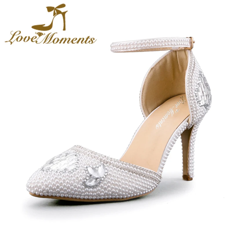 

White Pink Red Pearl Wedding Party Shoes Crystal Rhinestone Stiletto Heels Pointed Toe Girl Birthday Party Ankle Strap Pumps