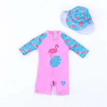 Детский купальник, Цельный купальник для девочек, купальник с длинными рукавами, защита от солнца на пляже, милый детский купальник с рисунком фламинго