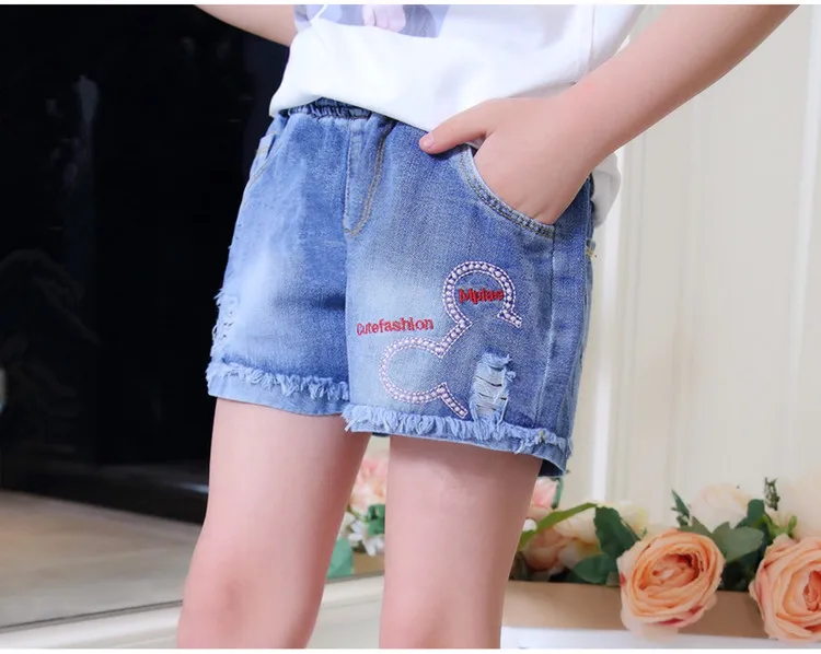 Rlyaeiz/Детские шорты для девочек коллекция года, летние джинсовые шорты с принтом модная изношенная одежда короткие джинсовые комбинезоны для От 4 до 15 лет