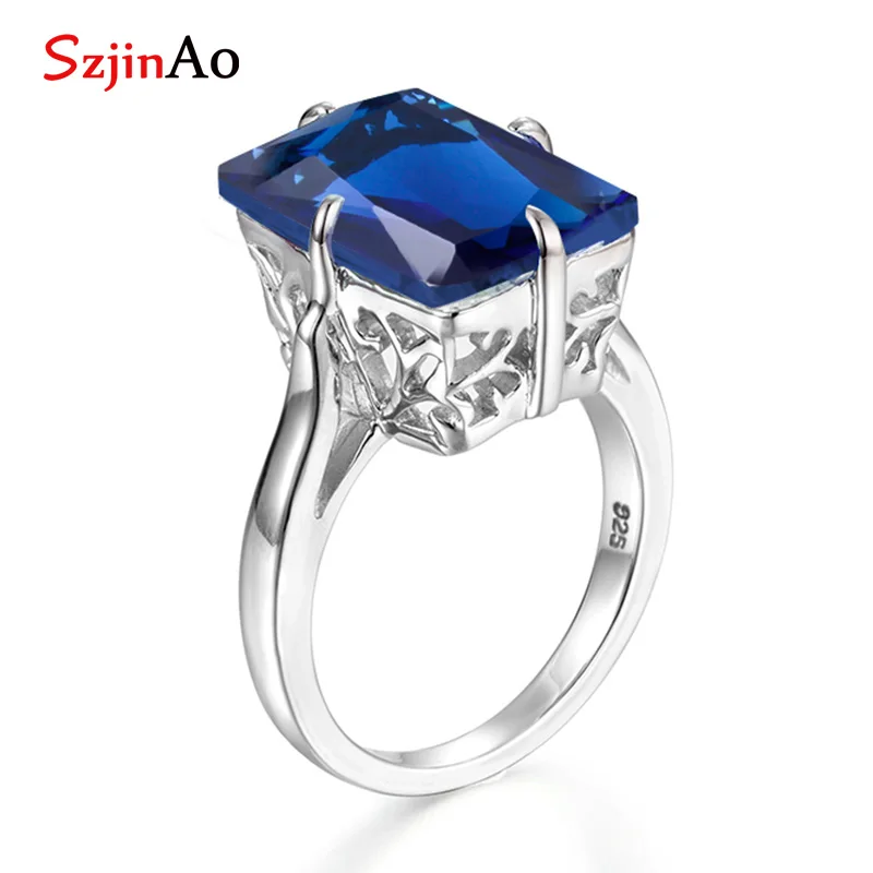 

Szjinao Big square sapphire ring vintage hollow design september birthstone silver 925 jewelry for women promise rings wholesale