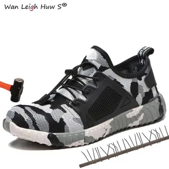 

2019 New Breathable Mesh Safety Shoes Men Light Sneaker Indestructible Steel Toe Soft Anti-piercing Work Boots Plus size 36-48