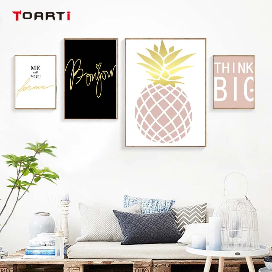 

Scandinavian Pink Pineapple English Golden Text Wall Art Canvas Poster Print Painting Art Pictures for Modern Living Room Decor