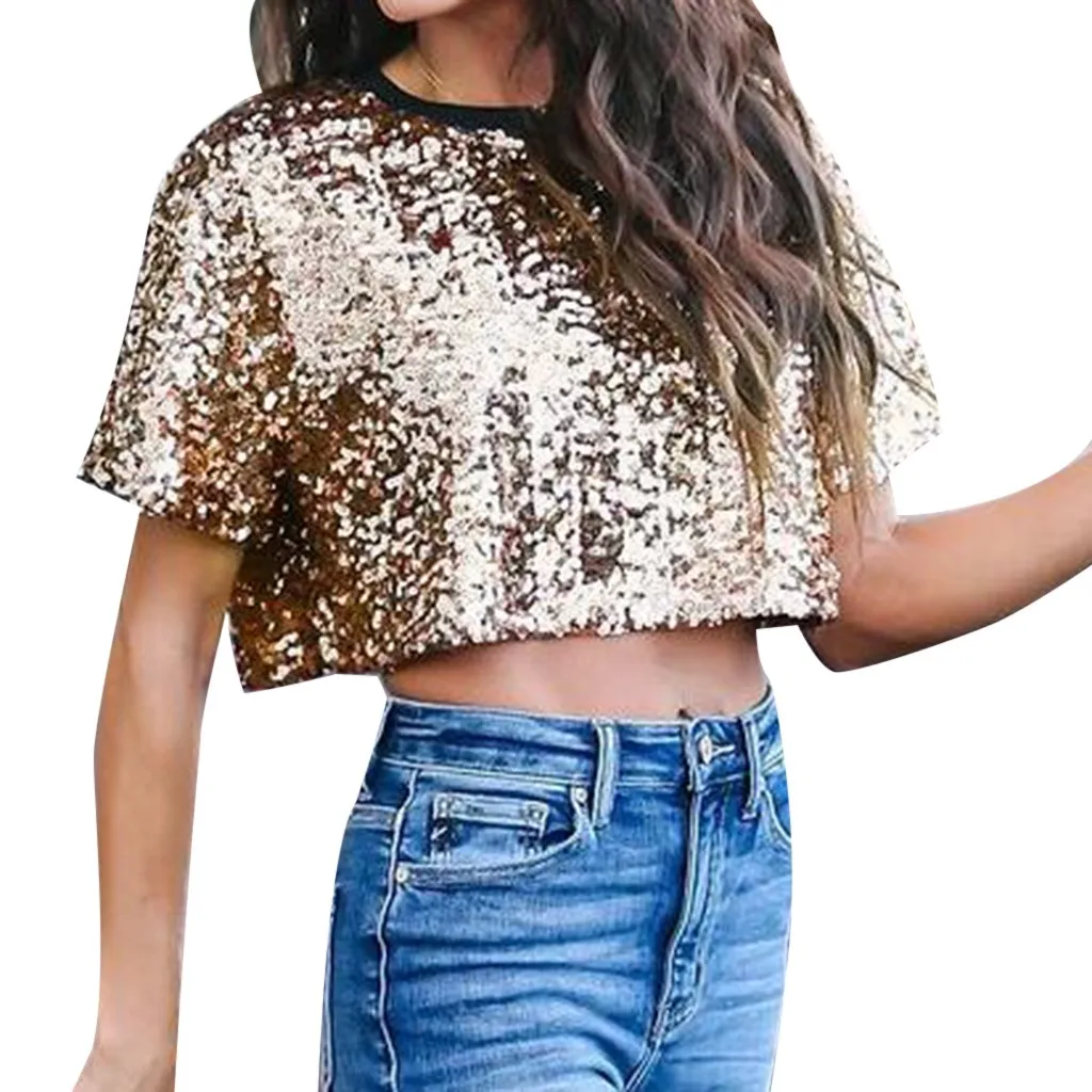 

Women Sexy Short paragraph High waist Wild Loose Sequin Glitter s Summer Casual Shirts ropa mujer