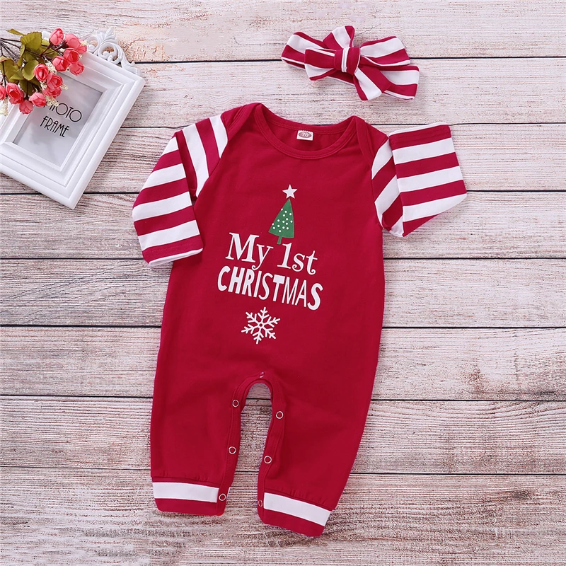 

Christmas Newborn Baby Girls Striped Romper Headband Xmas Outfits Letter Clothes 0-2T