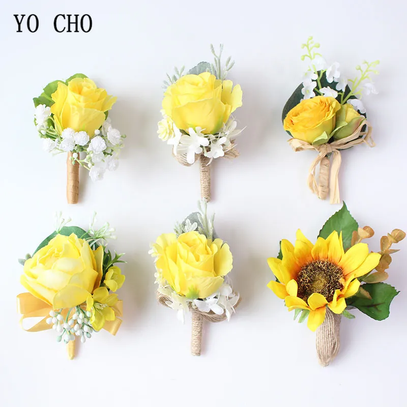 Boutonniere Flowers wedding wrist corsage flowers silk roses yellow  (27)