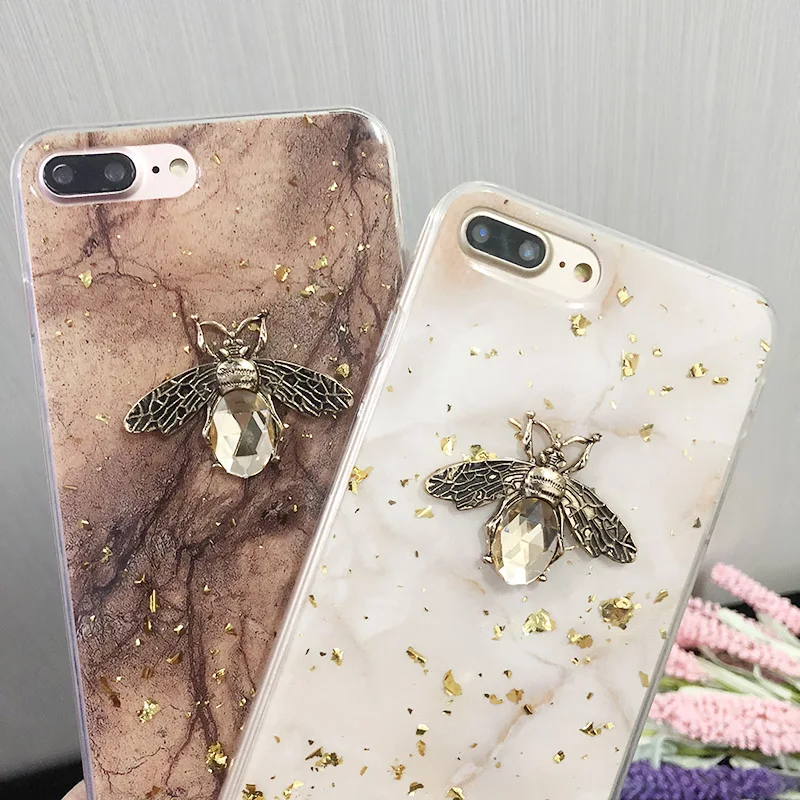 Блестящие мраморные чехлы из золотой фольги для iPhone X XS XR 11 Pro Max 3D Bee мягкий чехол