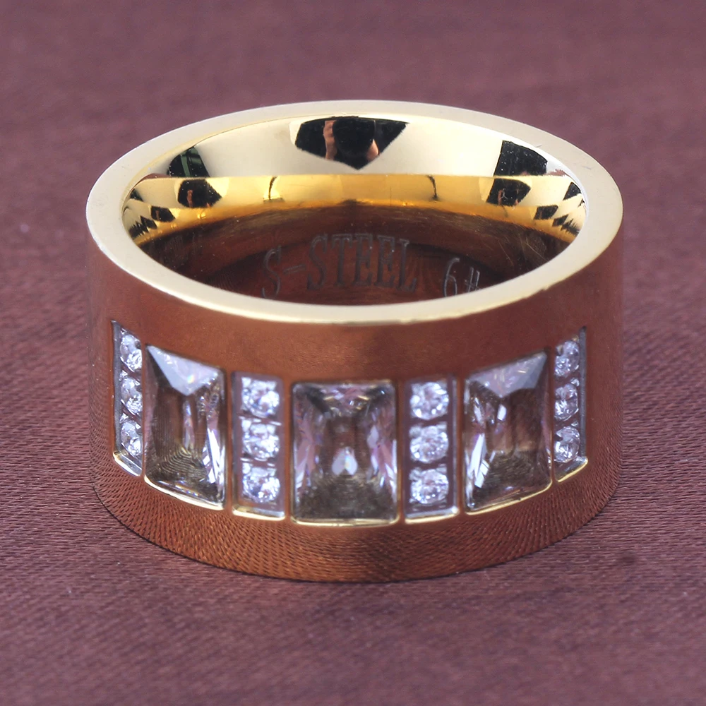 Women Crystal Rings Yellow Gold Color Stainless Steel Wedding Rings Party Jewelry