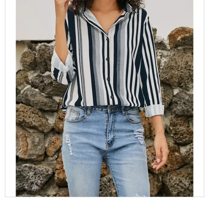 

Women Striped Business Casual Blouse Tops Female 2019 Summer Autumn Long Sleeve Print Elegant Loose Tee Shirts