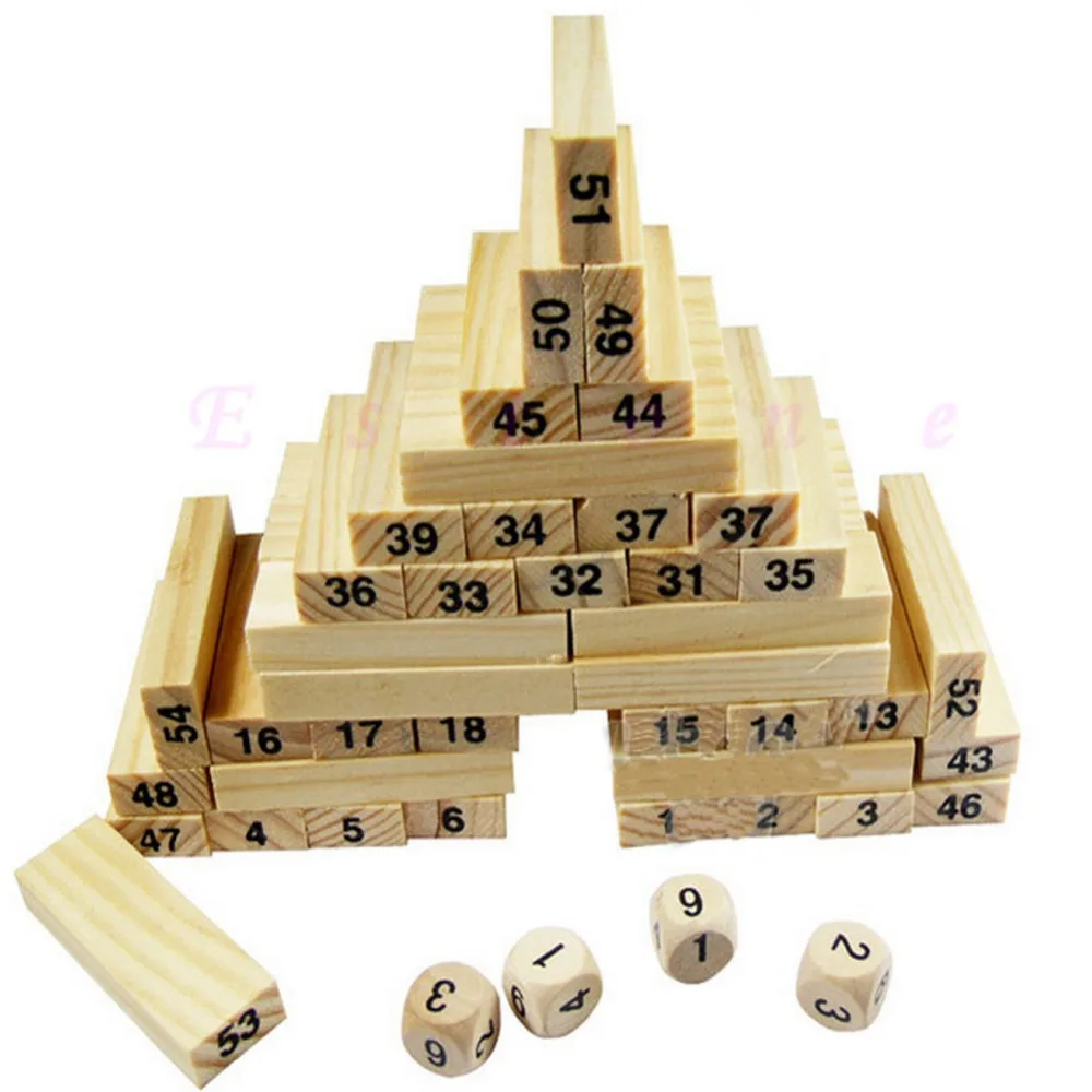 54 Blocks+4 Dices Children Wooden Tumbling Stacking Jenga Tower Block