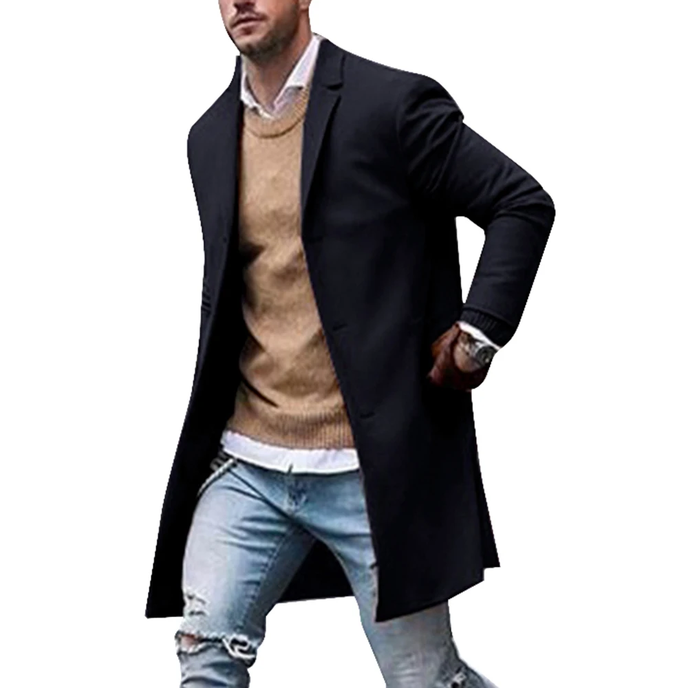 Solid Business Casual Woolen Trench Coats Male Medium Slim Collar Leisure Button Jackets Autumn Winter Fashion Tops Streetwear - Цвет: black