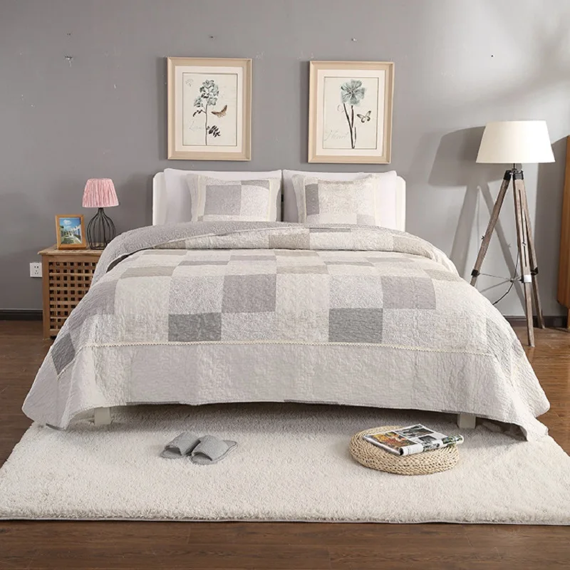 

CHAUSUB New Plain Print Quilt Set 3pcs Washed Cotton Quilts Quilted Bedspread Bed Cover Sheets Pillowcase coverlet Set King Size