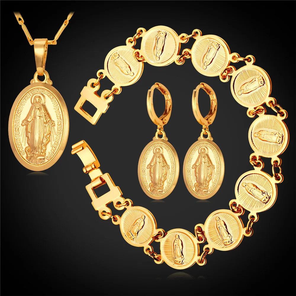 

women jewelry Virgin Mary Set Necklace/Earrings/Bracelet Set Gold/Silver Color Women Set Jewelry Party/Wedding Jewelry Set S240