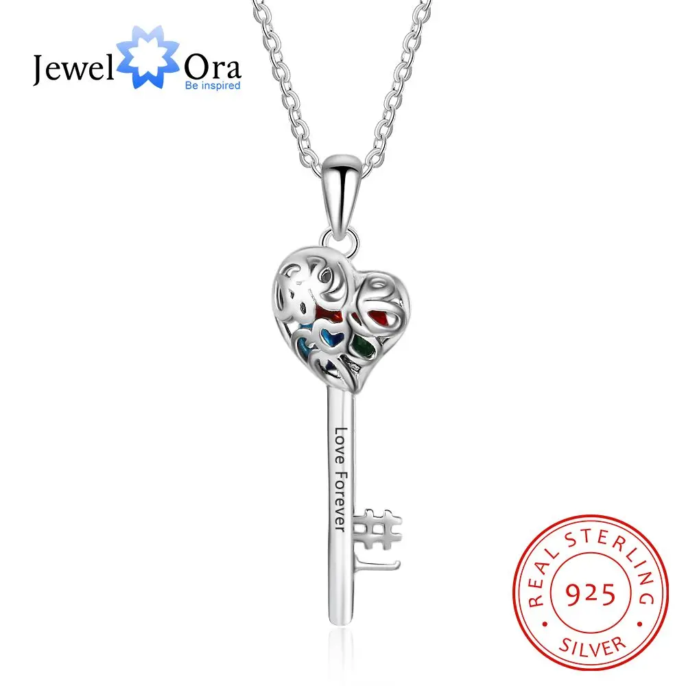 

Key Shape With Birthstone Personalized Gifts Engrave Name 925 Sterling Silver Pendant Necklace Women Jewelry (JewelOra NE102633)