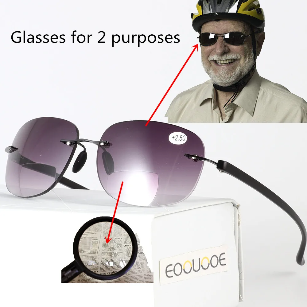 

EOOUOOE Men Women Glasses Frame Reade Double light Rimless Glasse Oculos +150 +200 +250 +300 +350 Reading Glasses And Sunglasses