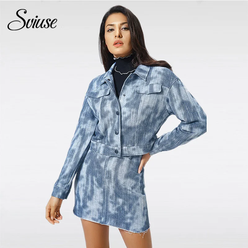 2 piece Skirt Set Women Autumn Imitation Denim Bomber Jacket Sexy Mini Skirt 2pc Suit Casual