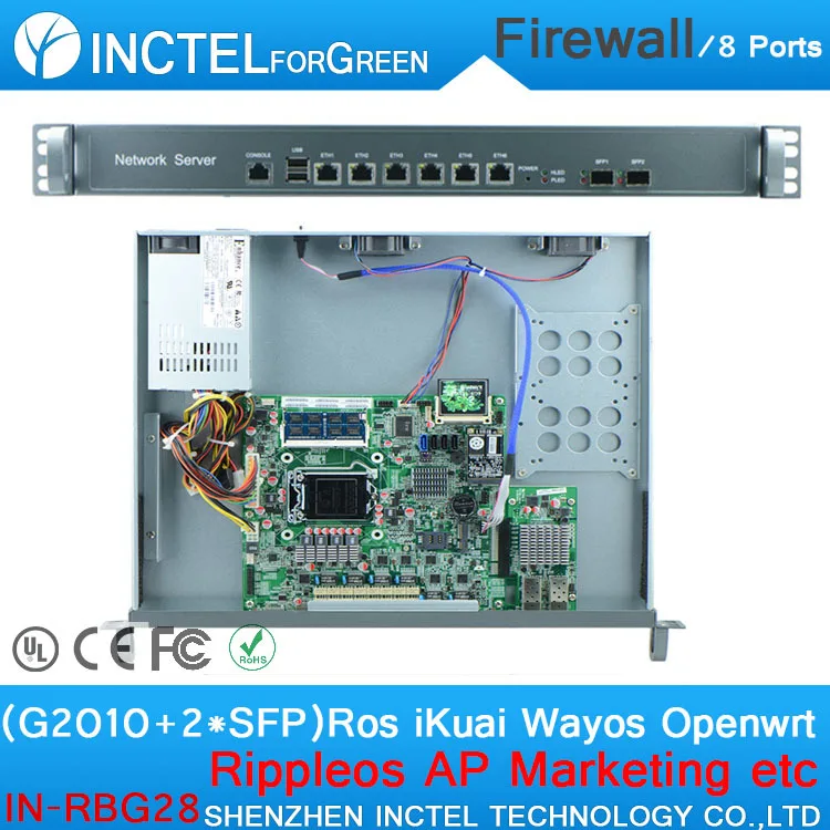 

ROS 8 Gigabit flow control 1U firewall router with G2010 CPU 1000M 6 82574L 2 groups Bypass 2 82580DB fiber ports IN-RBG28