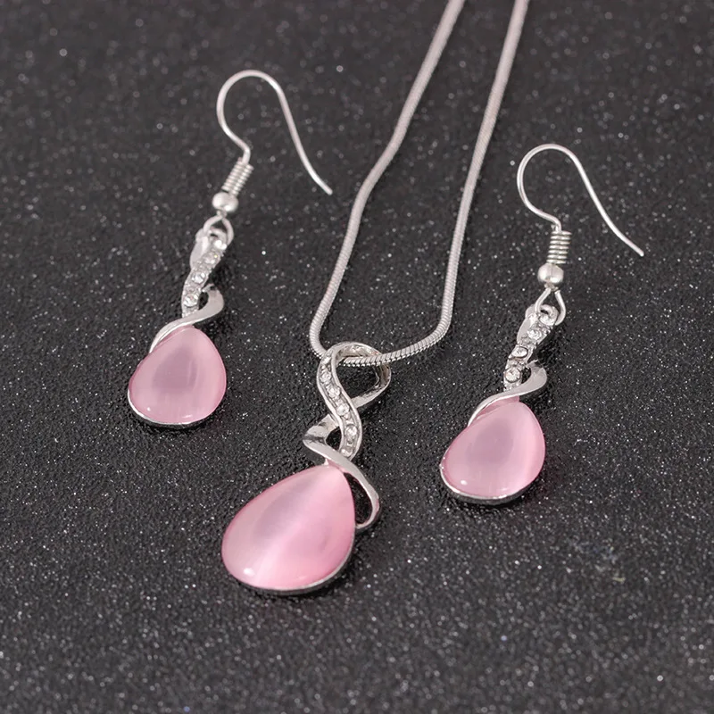 

Luxury Cubic Zirconia Water Drop Pendant Necklace Pink Opal Statement Bridal Wedding Necklaces Sets Women Party Jewelry Gift