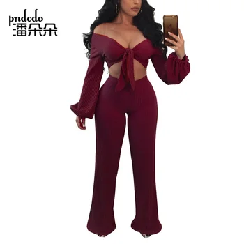 

Pndodo PLUS SIZE Women Cotton Long Sleeve 2 Piece Set Ribbed Crop Top Wide Leg Pants Two Piece Set Bow Tee Bodycon Trousers Set