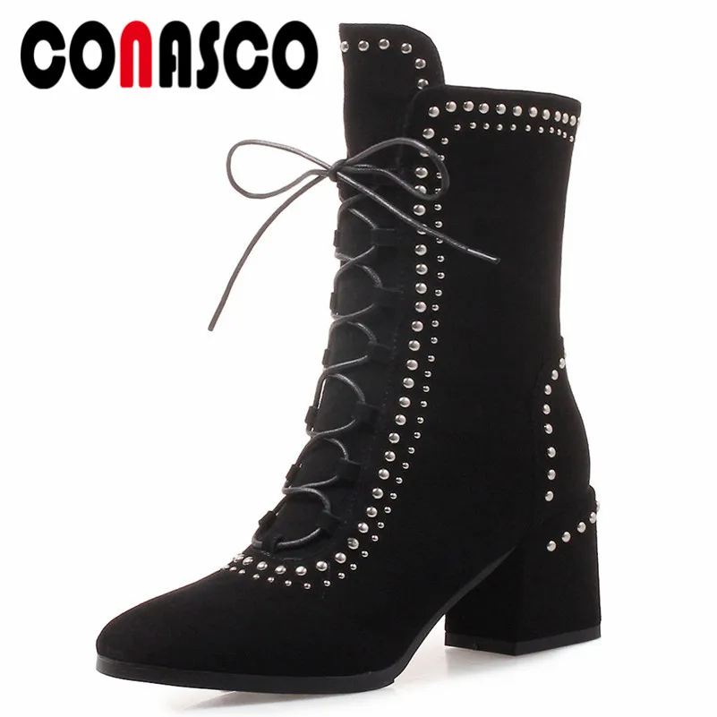 

CONASCO Punk Sexy Women Rivets High Heels Ankle Boots Suede Leather Warm Autumn Winter Night Club Party Shoes Woman Basic Boots